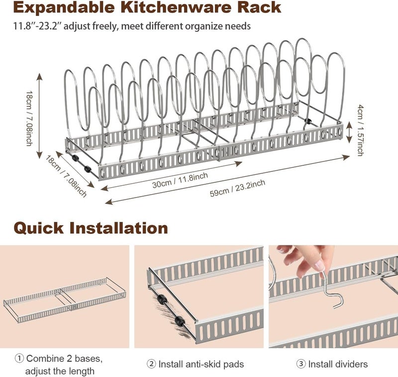 Housolution 2 Pack Pot and Pan Organizer Rack, 12"-23" Expandable Pot Lid Organizer with 14 Adjustable Dividers, Pan Holder Storage Rack for Kitchen Cabinet, Silver - Image 5